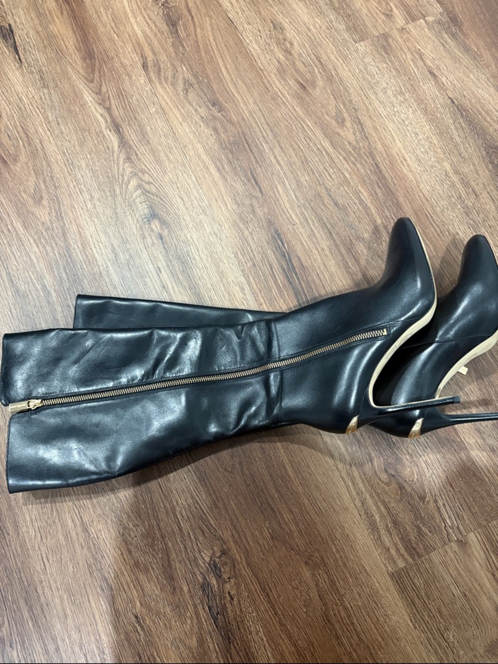 Michael Kors Black Over-the-Knee Stiletto Boots with Gold Trim